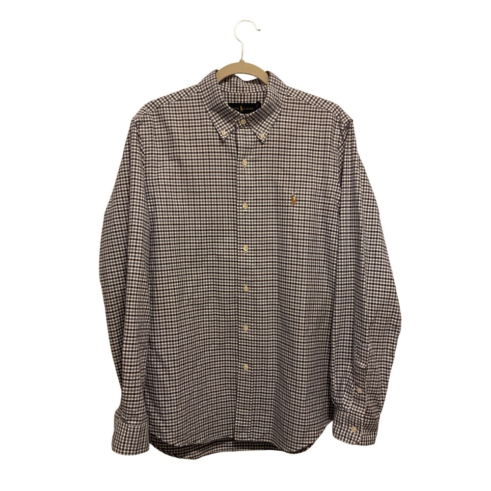Ralph Lauren Mens Blue Gingham‎ Check Button Down Shirt Large Yellow Pony Logo
